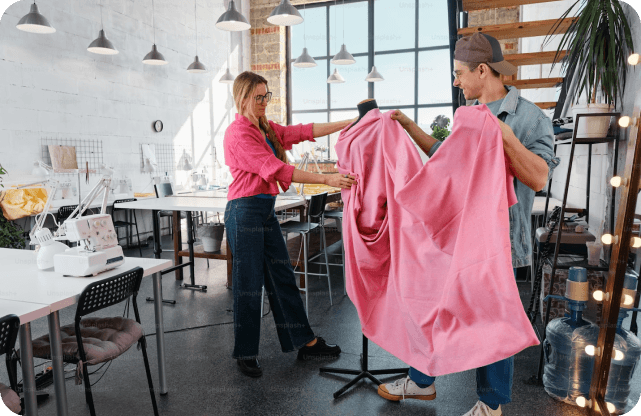 Production team reviewing fabric samples